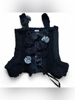 Black Knit Corset with Floral Appliqués